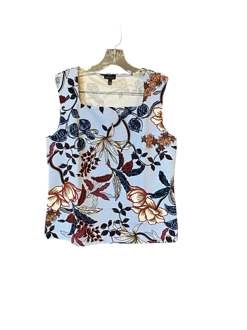 Talbots Floral Sleeveless Top Medium Light Blue Stretch Knit Tank Blouse